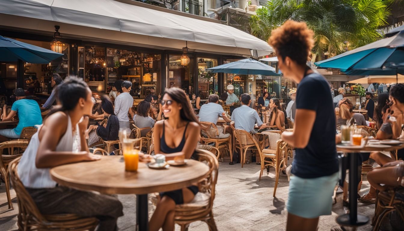 People enjoying a lively beachfront cafe scene in vibrant cityscape.