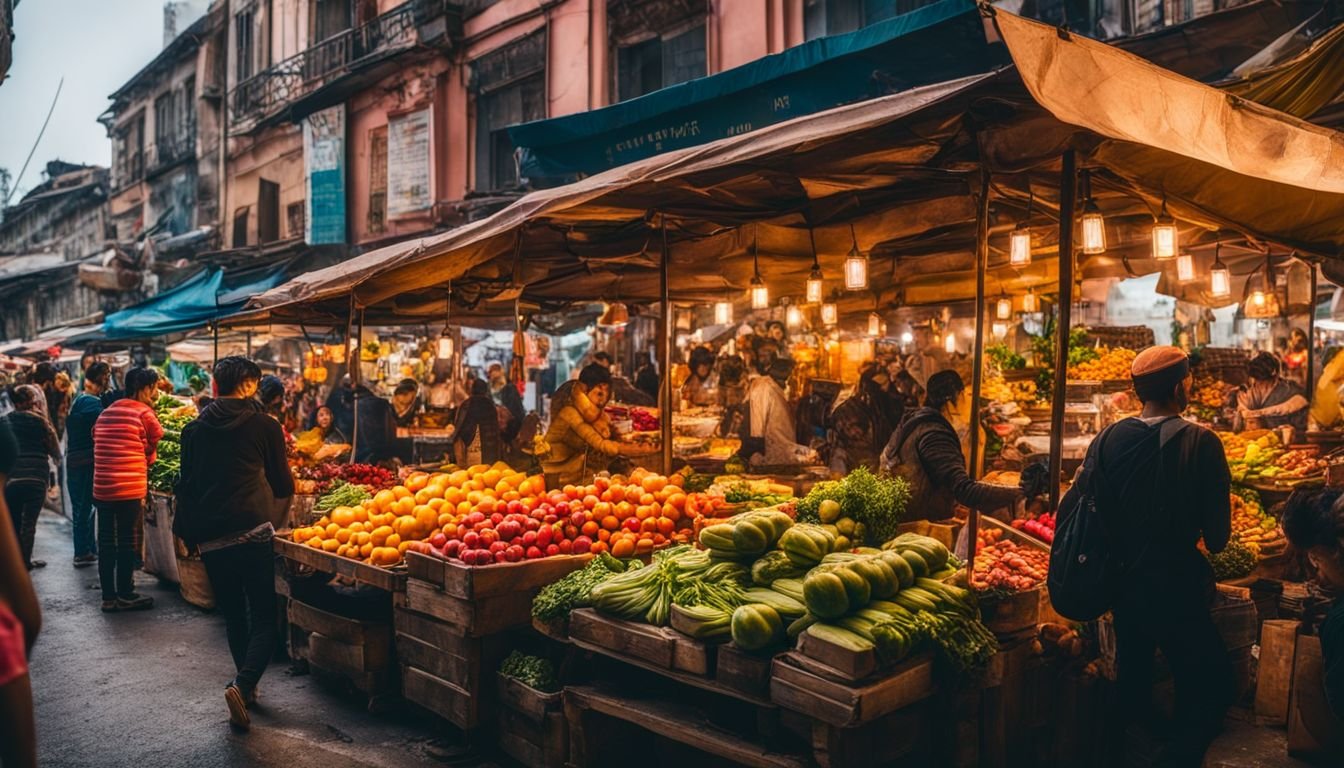 A vibrant street market with colorful produce and local delicacies.