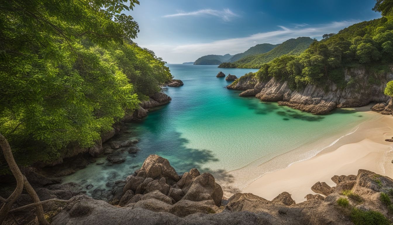 A serene and secluded beach cove with clear waters and greenery.