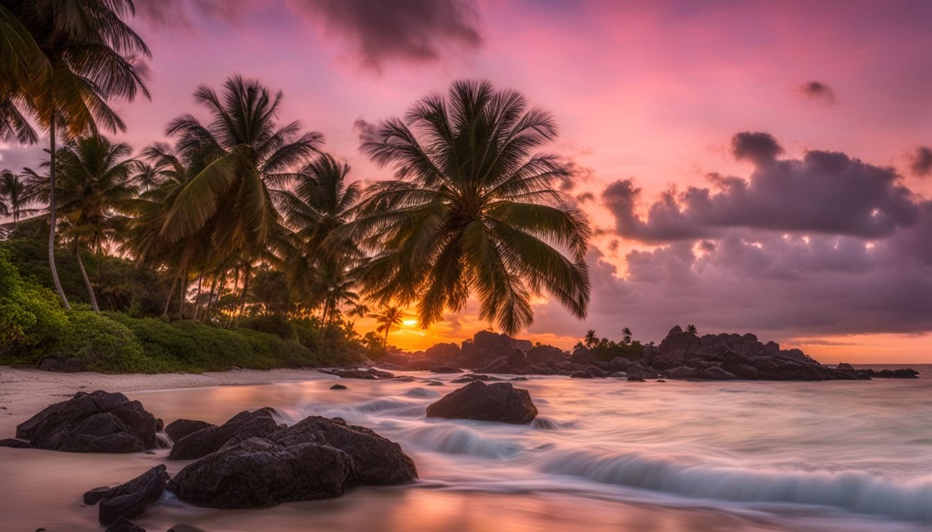 A stunning sunset beach scene with palm trees and a bustling atmosphere.