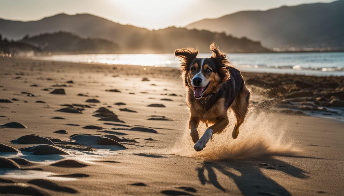 A happy dog running along the shore of Playa de la Escollera Norte.