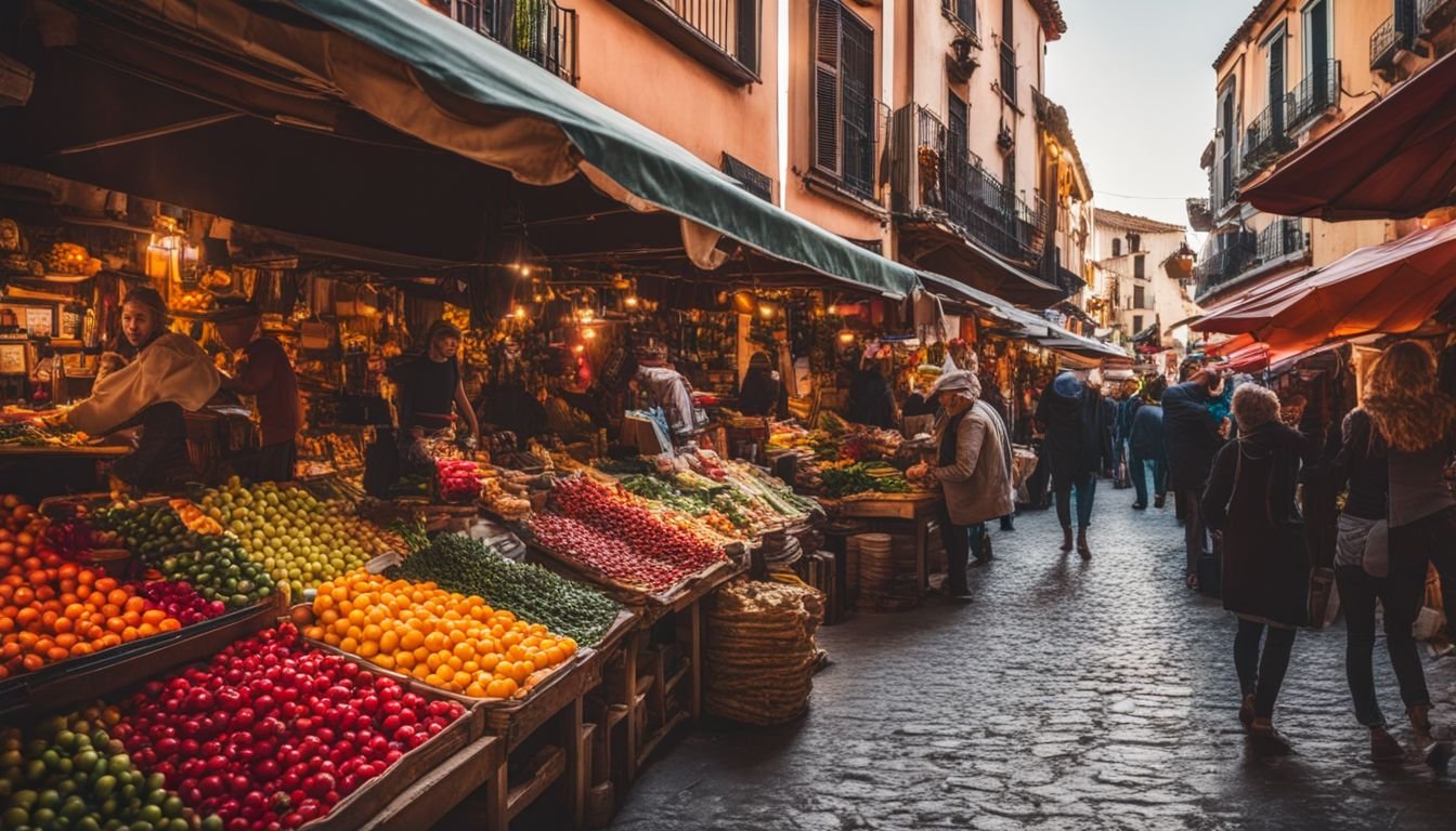 A vibrant traditional Spanish market with colorful stalls and local products.