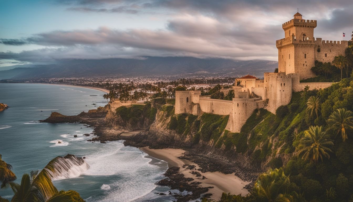 A photo of Castillo de Santa Barbara with coastline and cityscape.