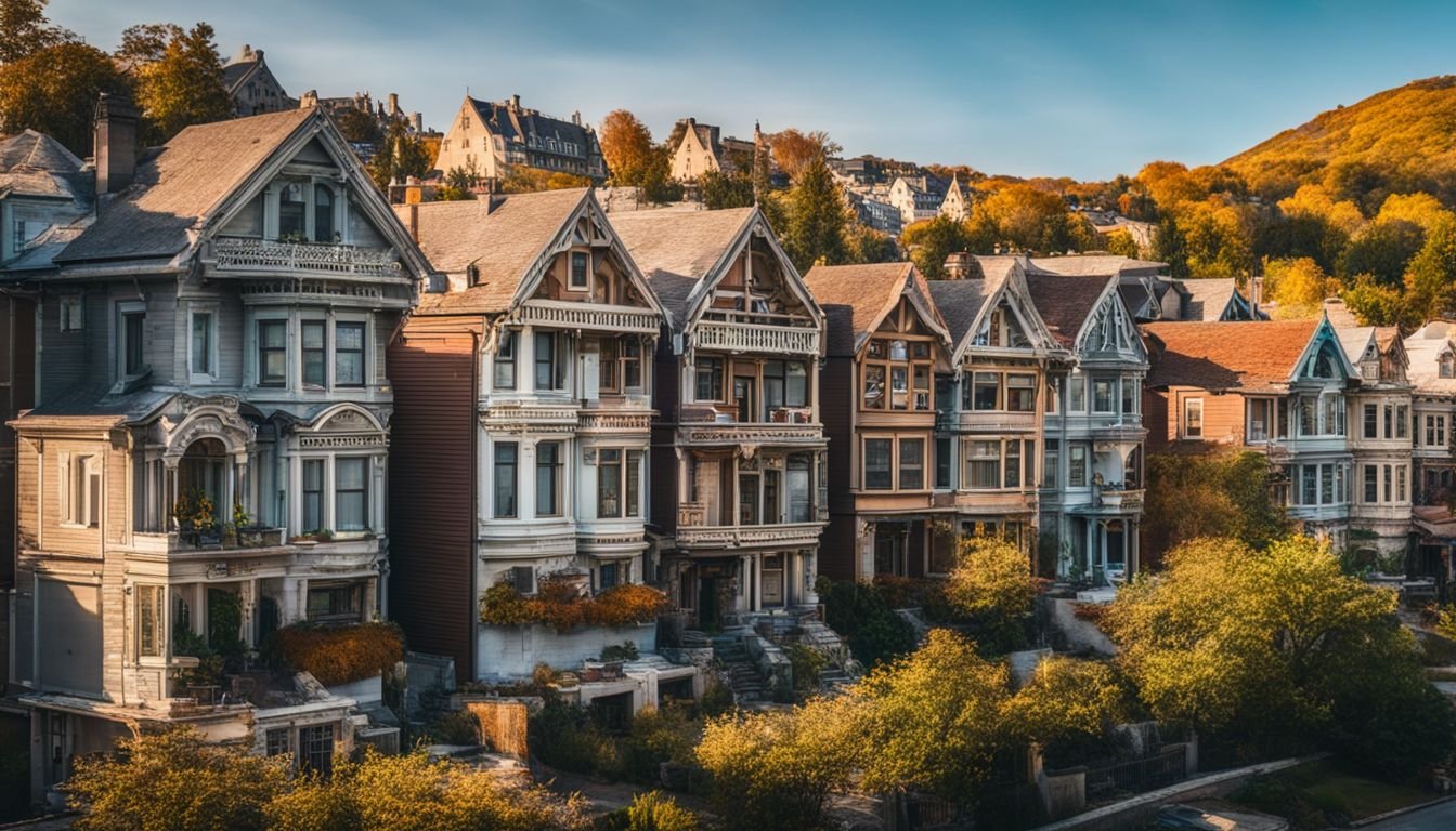 A diverse line-up of houses with varying architectural styles in a bustling cityscape.