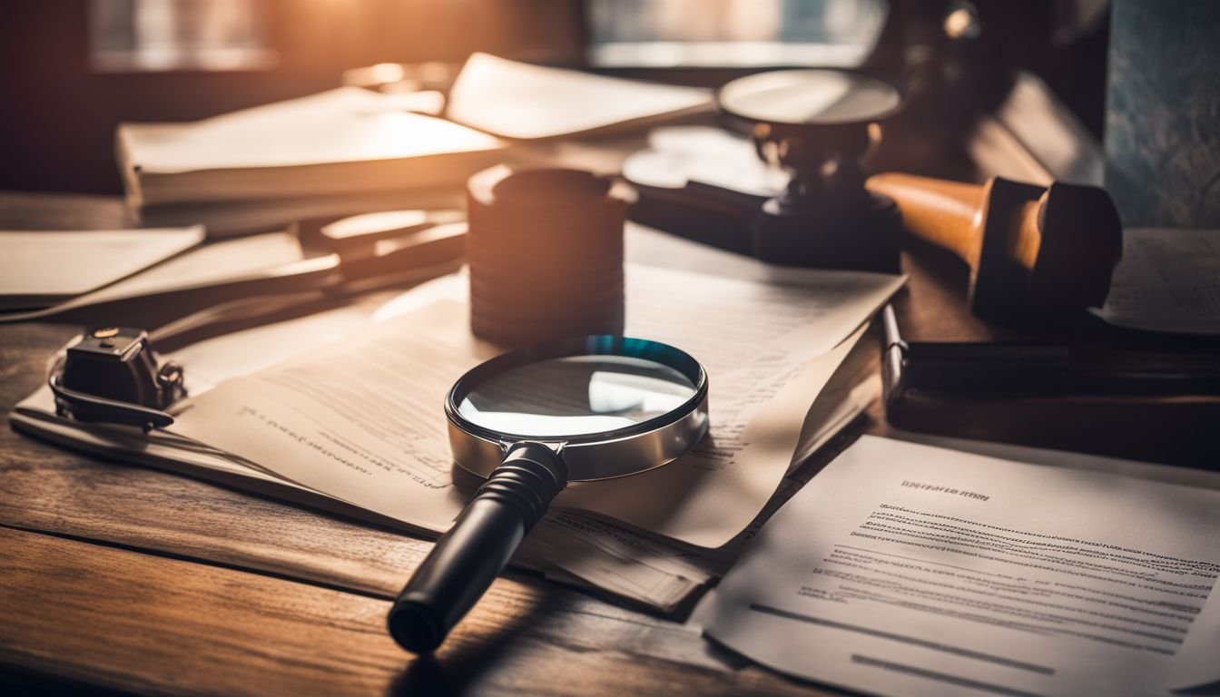 Legal documents and a magnifying glass on a wooden table.