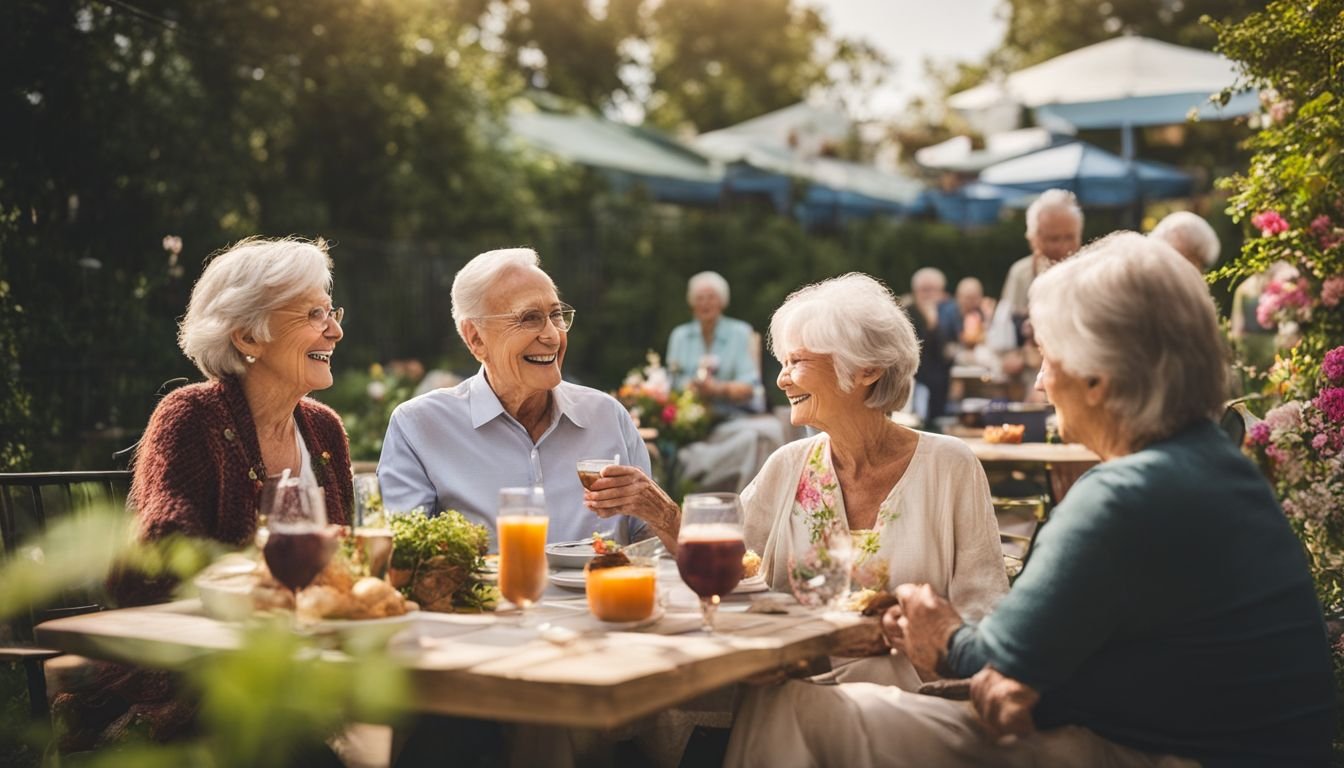 A group of retirees enjoying a social gathering in a community center garden.