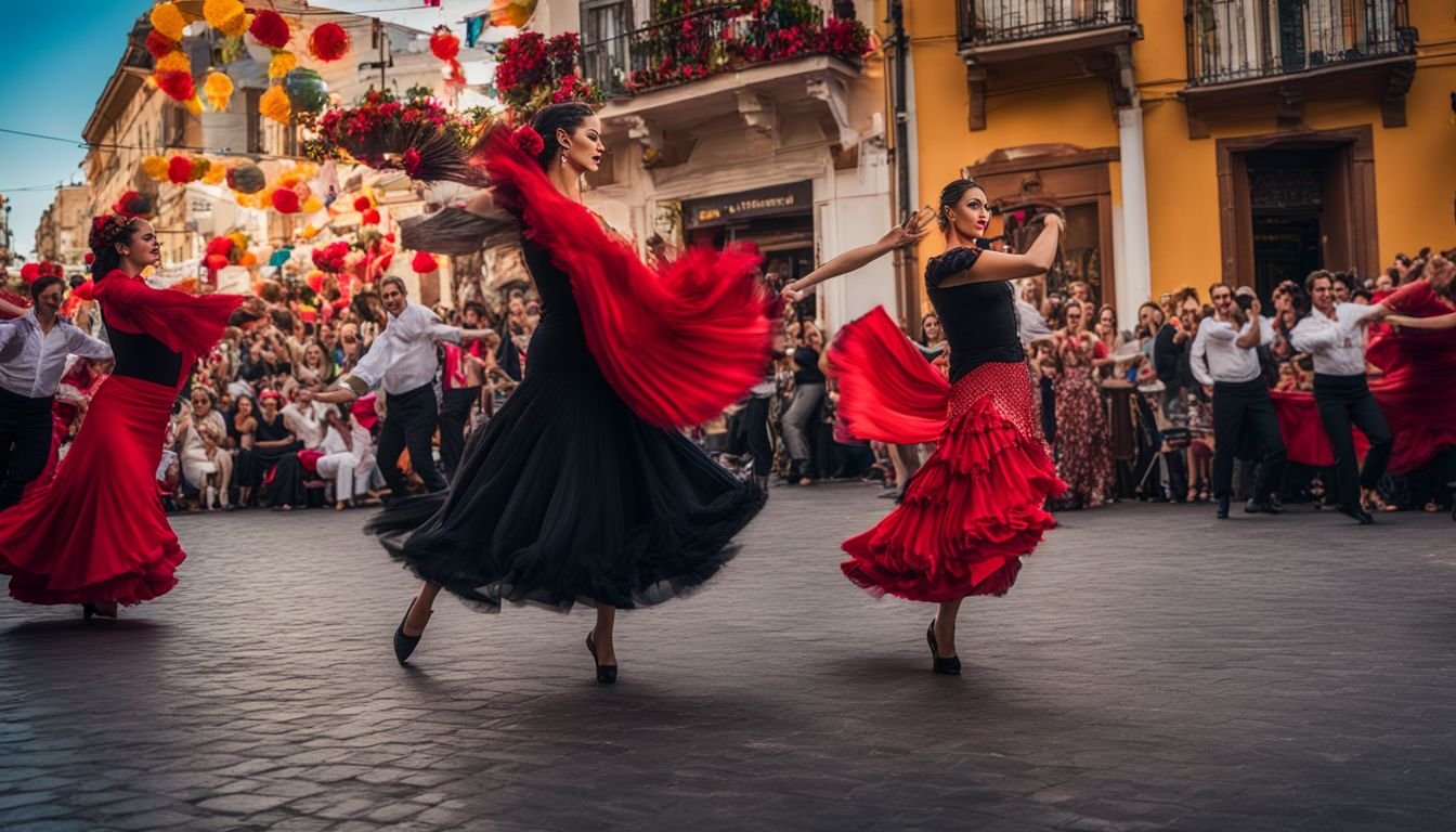 Traditional Spanish Flamenco dancers performing at a vibrant street festival.