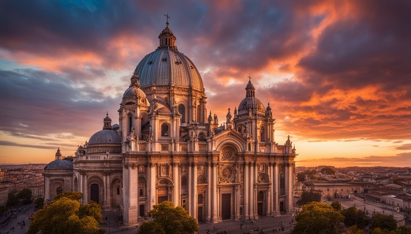 A stunning photo of The Basilica Santa Maria against a vibrant sunset sky.