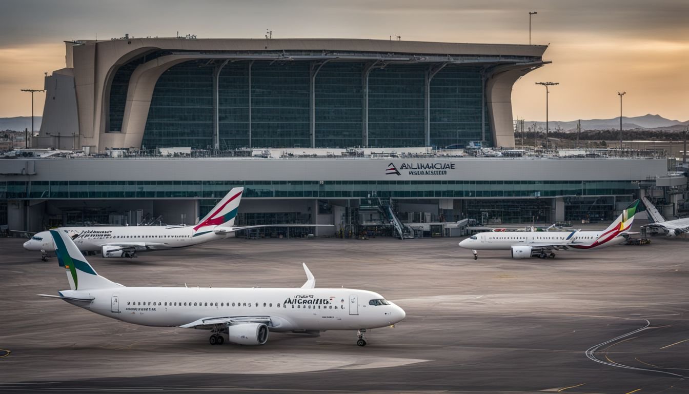 The exterior of Alicante-Elche Airport with airplanes on the runway.