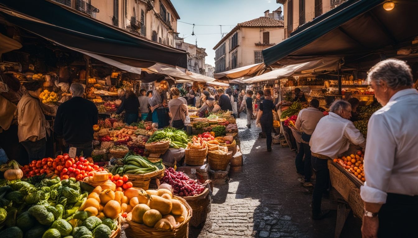 A vibrant traditional Spanish market featuring fresh produce and local specialties.