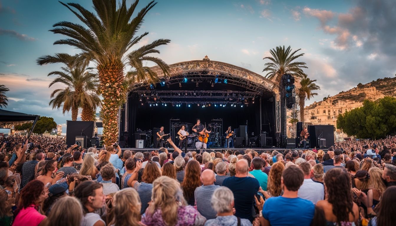 'Vibrant outdoor concert with colorful stage and lively crowd in Moraira.'