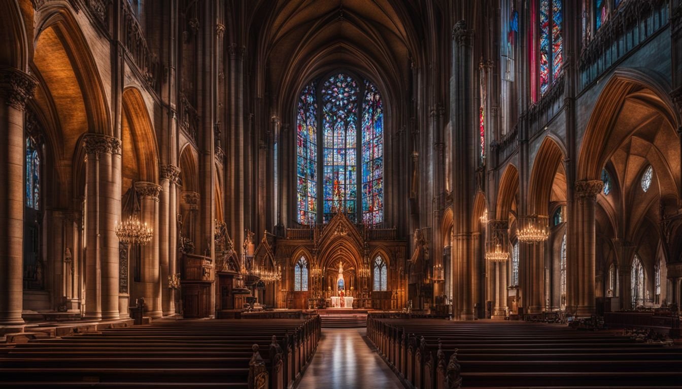 The interior of a historic church with intricate stained glass windows.