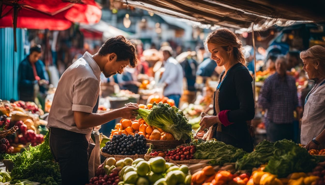 A vibrant outdoor market with colorful fruits and vegetables.