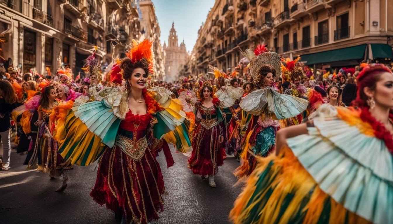 A vibrant Fallas parade in Valencia with diverse street performers.