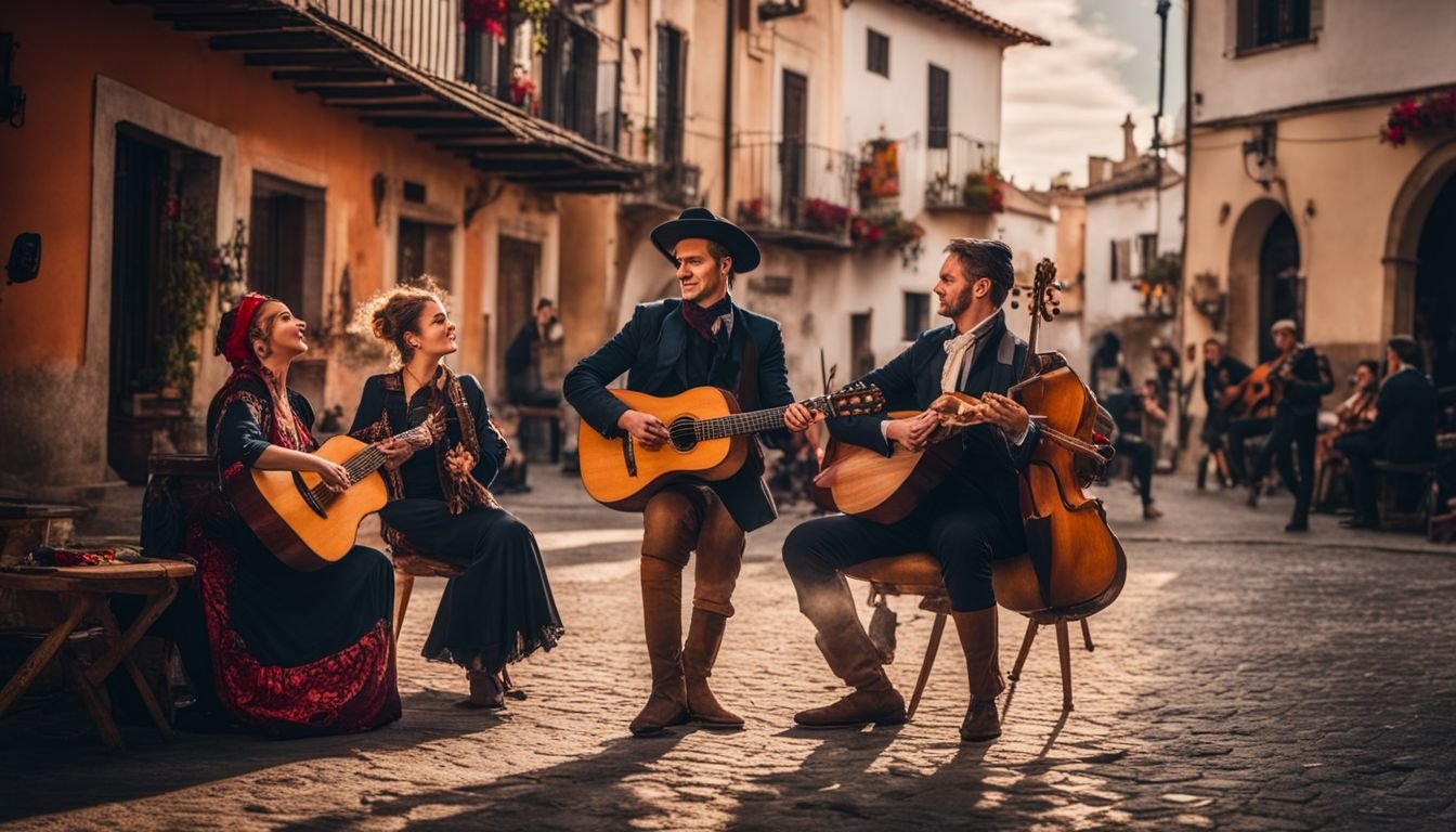 Traditional musicians playing flamenco music in a village square.