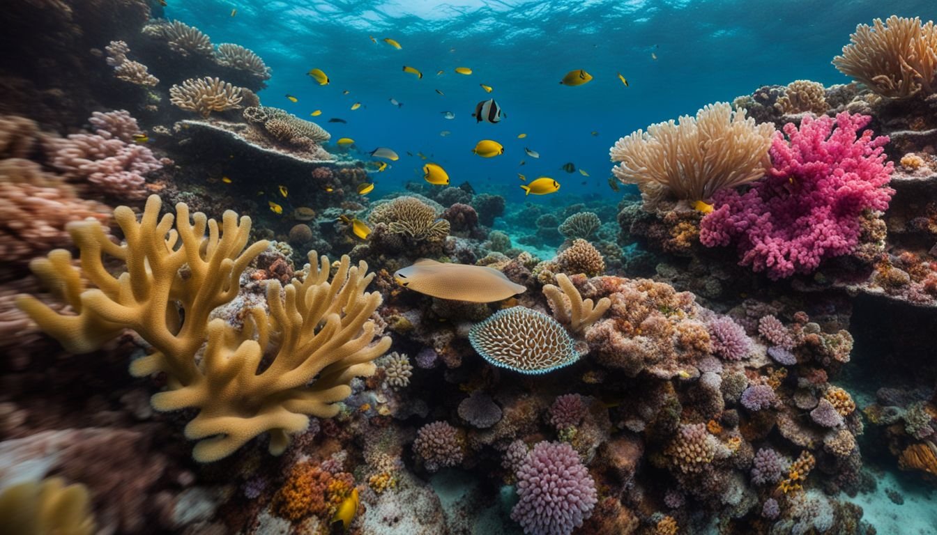 A vibrant coral reef with colorful marine life in sharp focus.