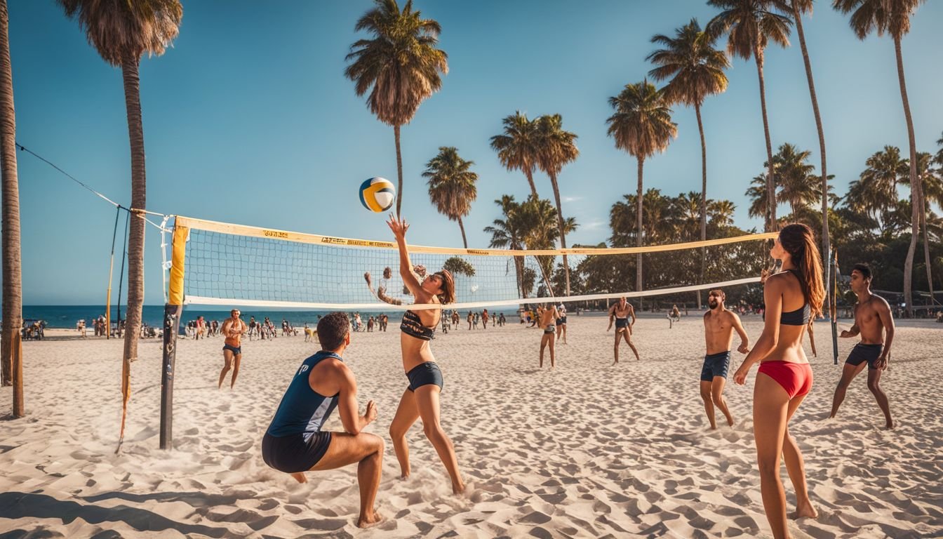 People enjoying beach volleyball under a clear blue sky.