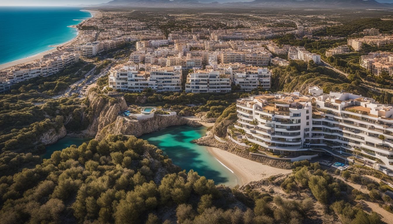 Aerial view of coastal properties in Costa Blanca South with a bustling atmosphere.