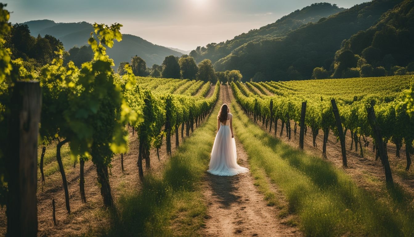 A historic vineyard surrounded by lush greenery and landmarks.