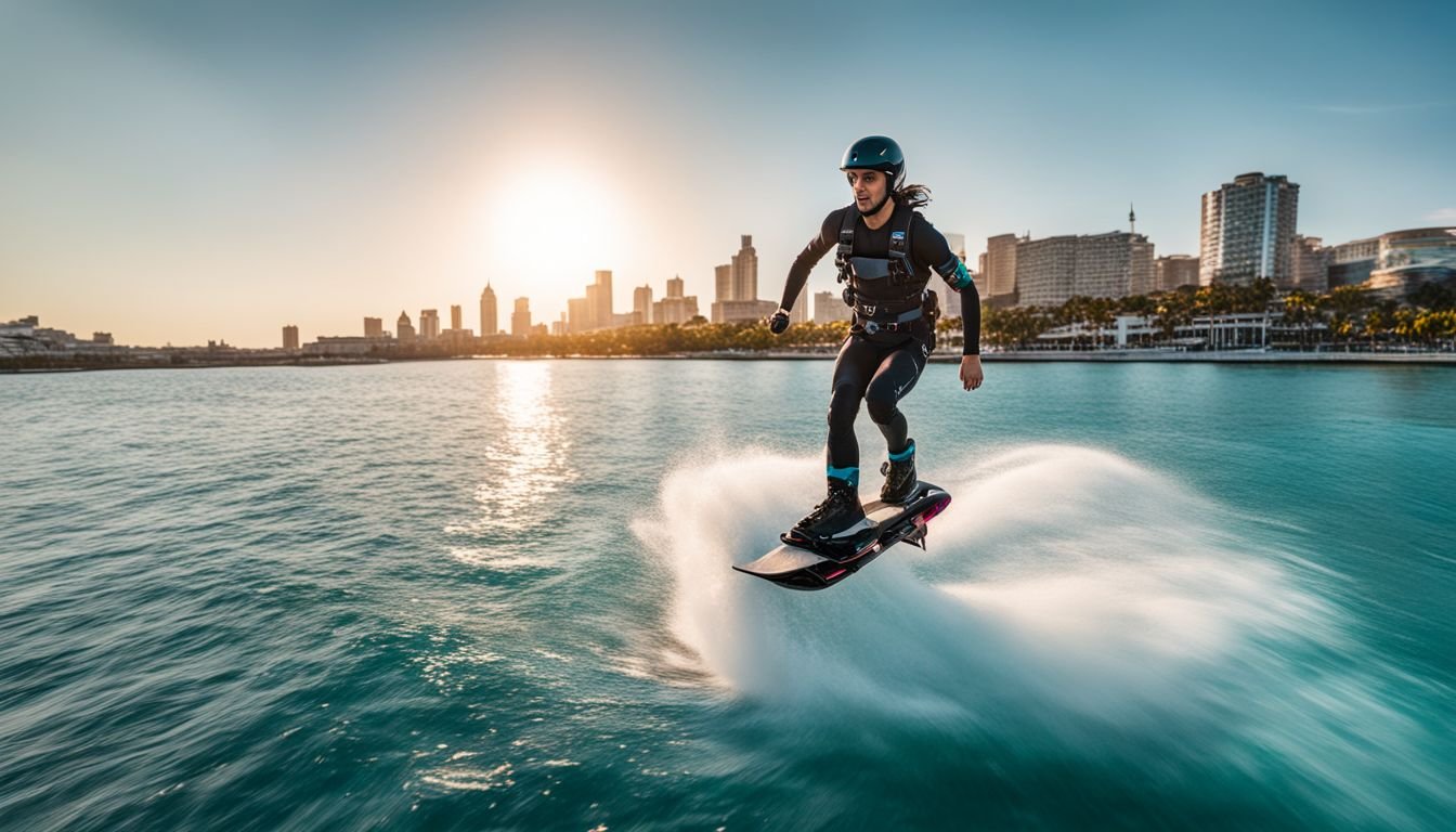 A flyboarder glides above clear blue waters in a bustling city.