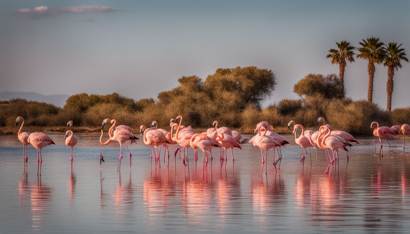 A group of flamingos wading at Parque Natural De Las Salinas De Santa Pola.