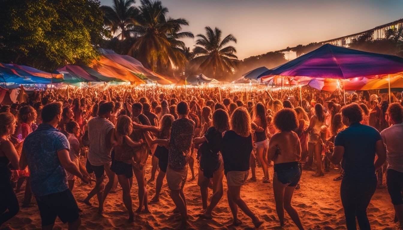 A lively outdoor beach party with a diverse crowd dancing.