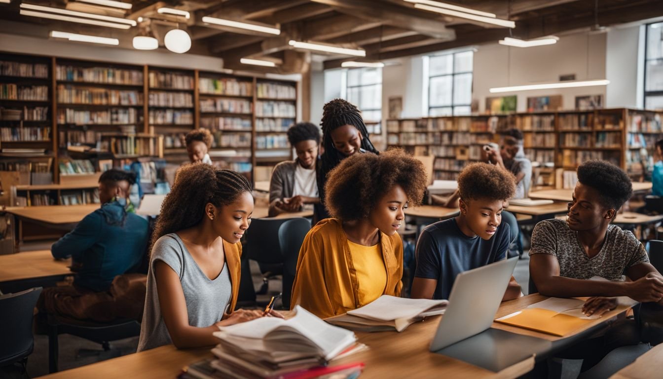 A diverse group of students studying in a modern school library.