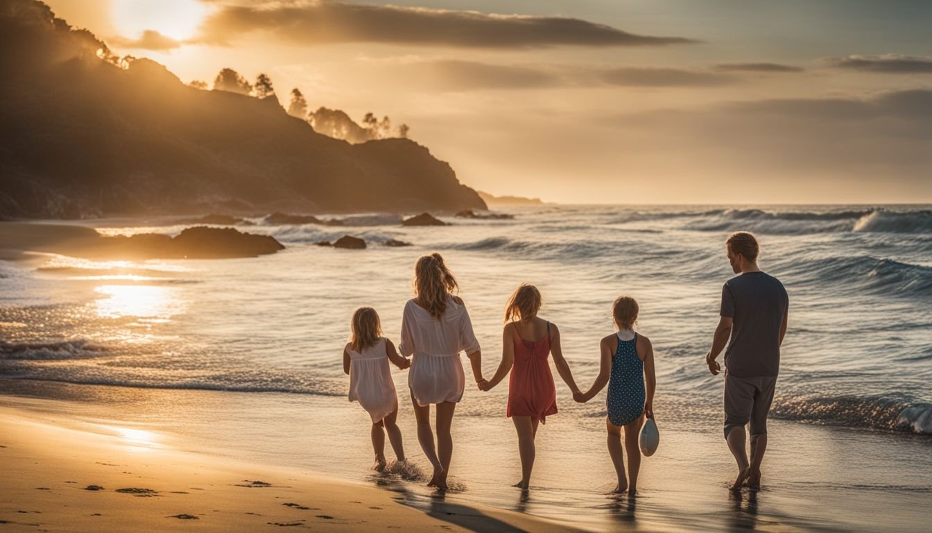 A family enjoying a beach day with children playing and parents relaxing.