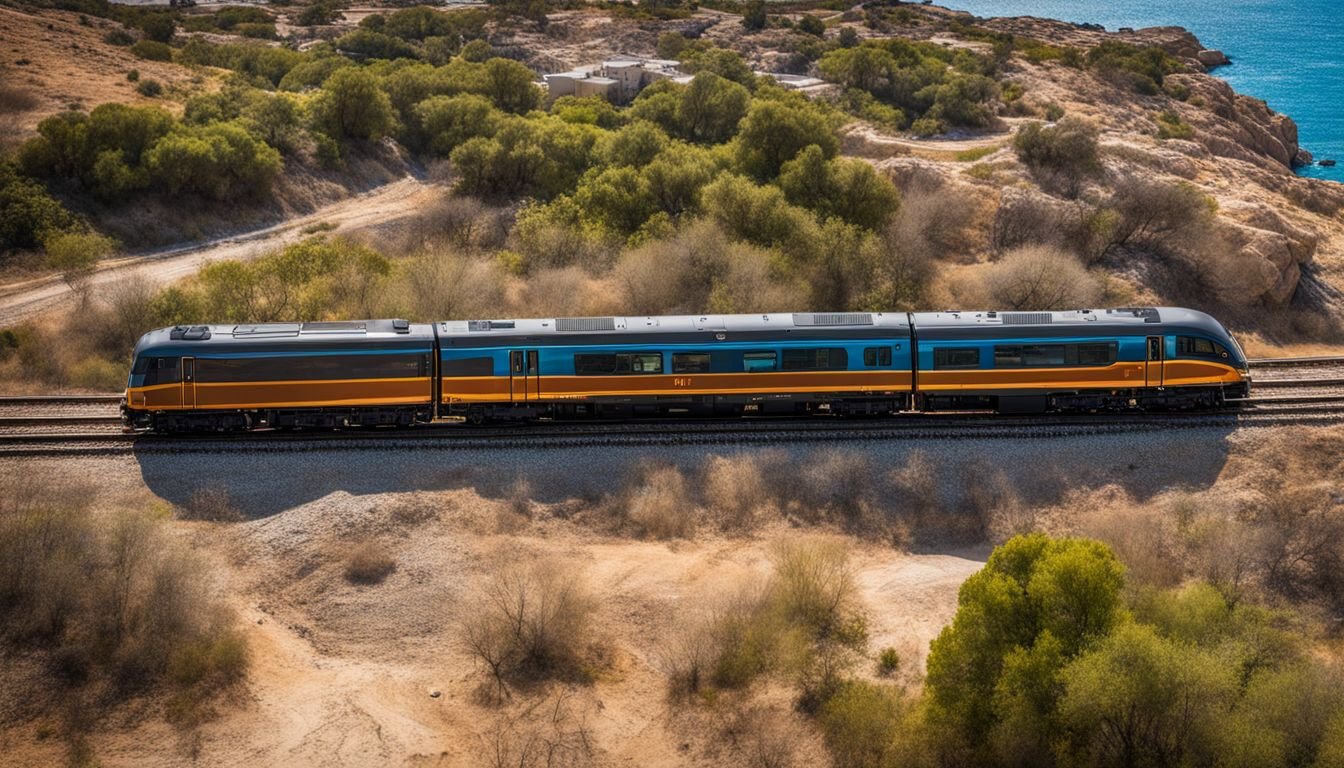 An aerial view of a train traveling through coastal landscape to Cabo Roig.