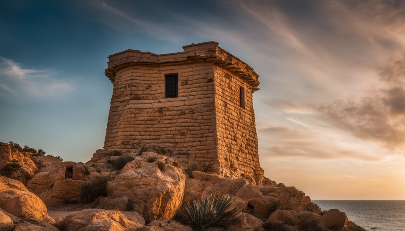 The famous watchtower of Cabo Roig overlooking the coastline in a bustling atmosphere.