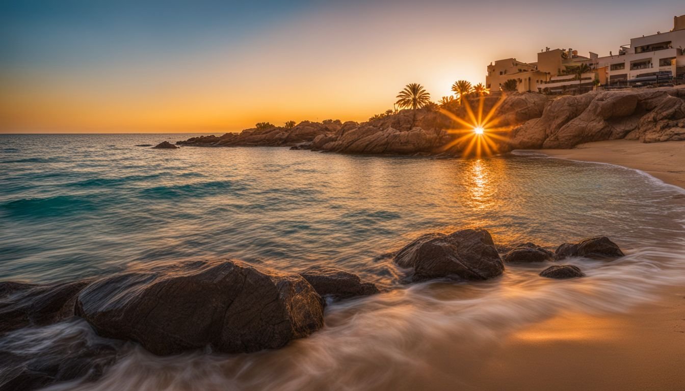 A sunset view of Cabo Roig beach with people enjoying the scenery.