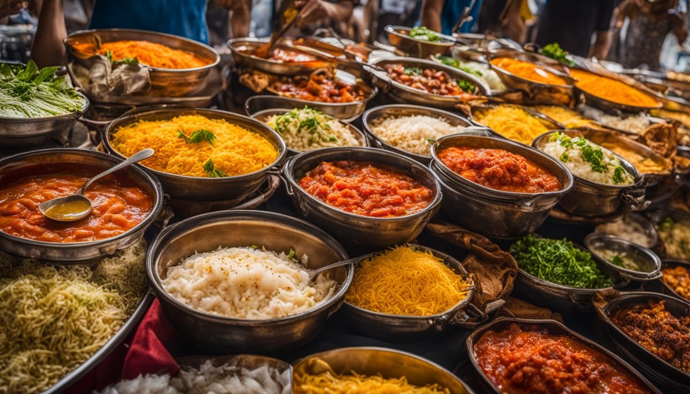 A variety of traditional and international dishes at a vibrant outdoor food market.