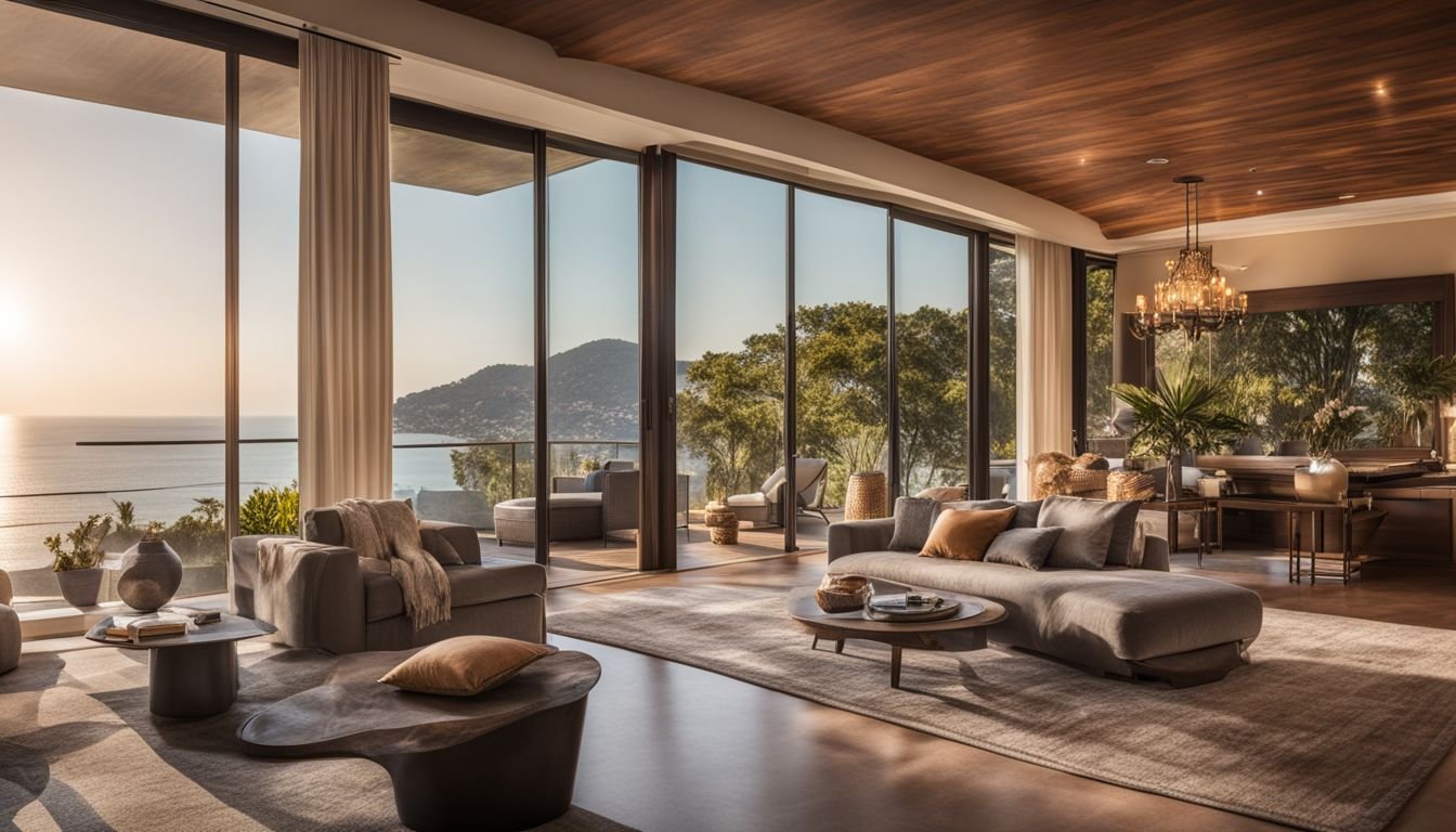 A luxury villa with sea view, cityscape photography, and diverse faces.