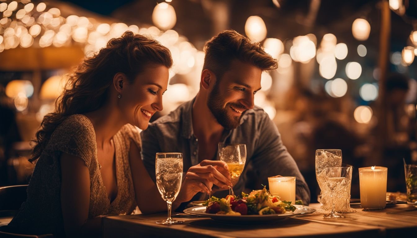 A couple enjoying a romantic seaside dinner in a bustling restaurant.