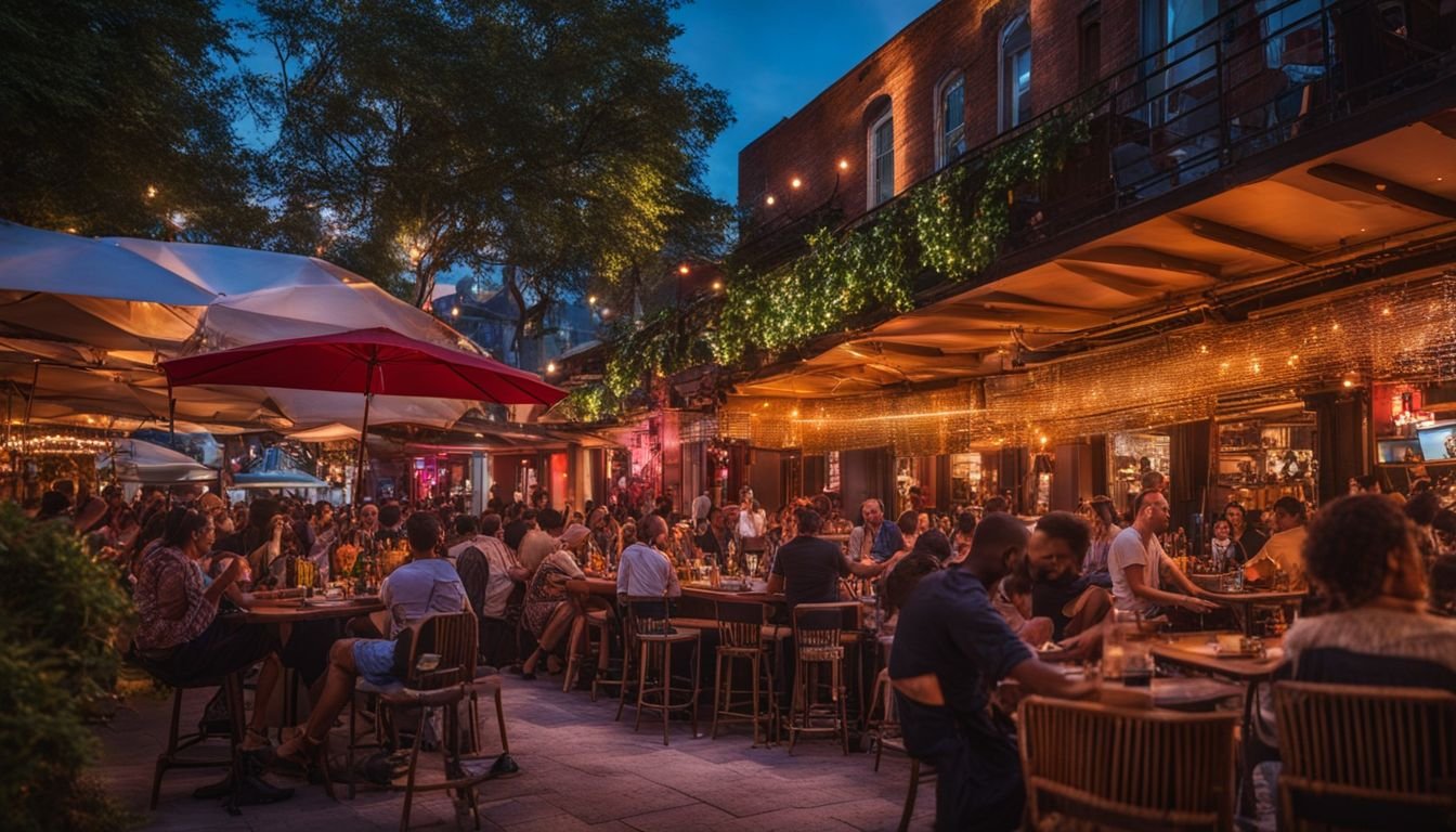 People enjoying live music and cocktails in a vibrant outdoor nightlife scene.