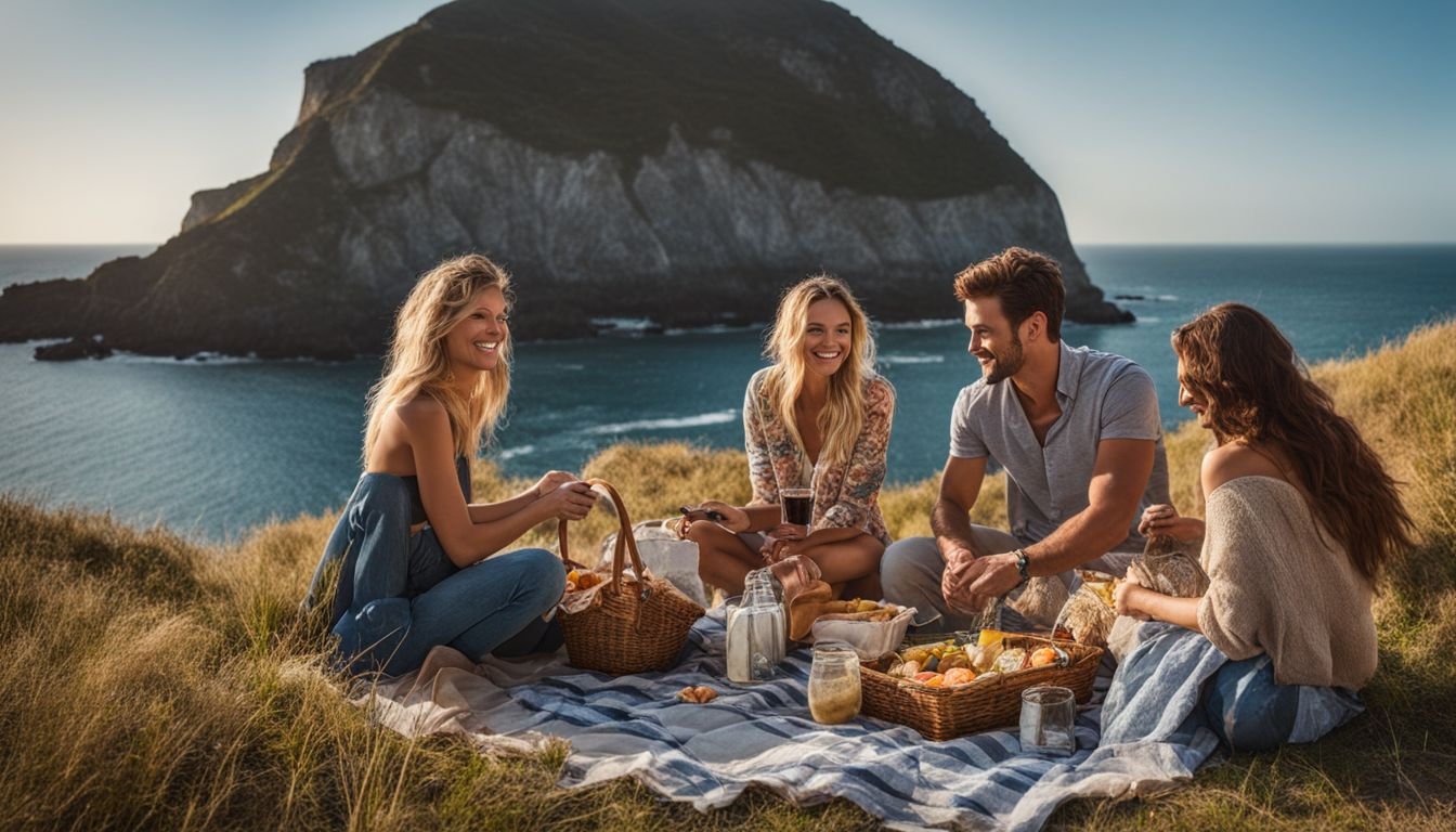 A group of friends enjoying a seaside picnic on a cliff overlooking the stunning coastline.