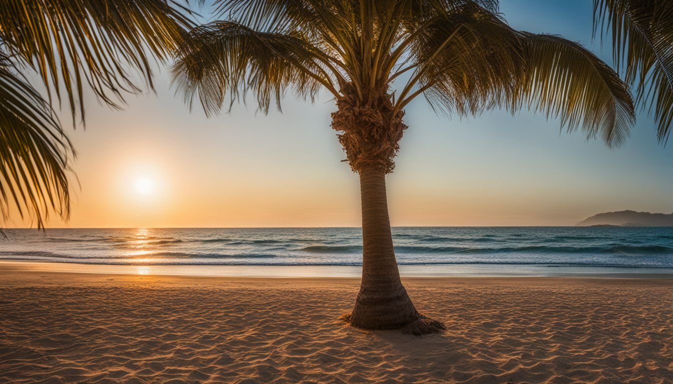 A beautiful sunset beach with palm trees and diverse people.