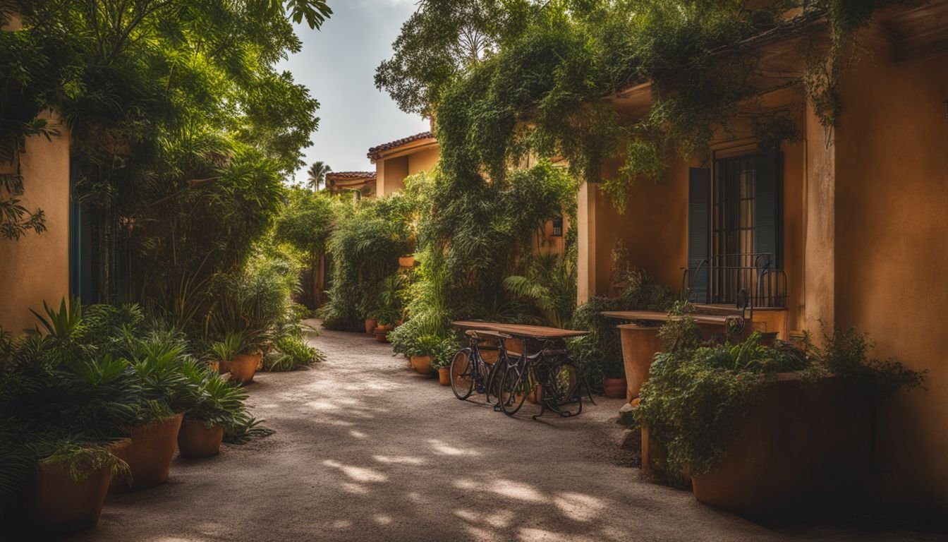 A repossessed apartment building with lush greenery and bustling atmosphere.