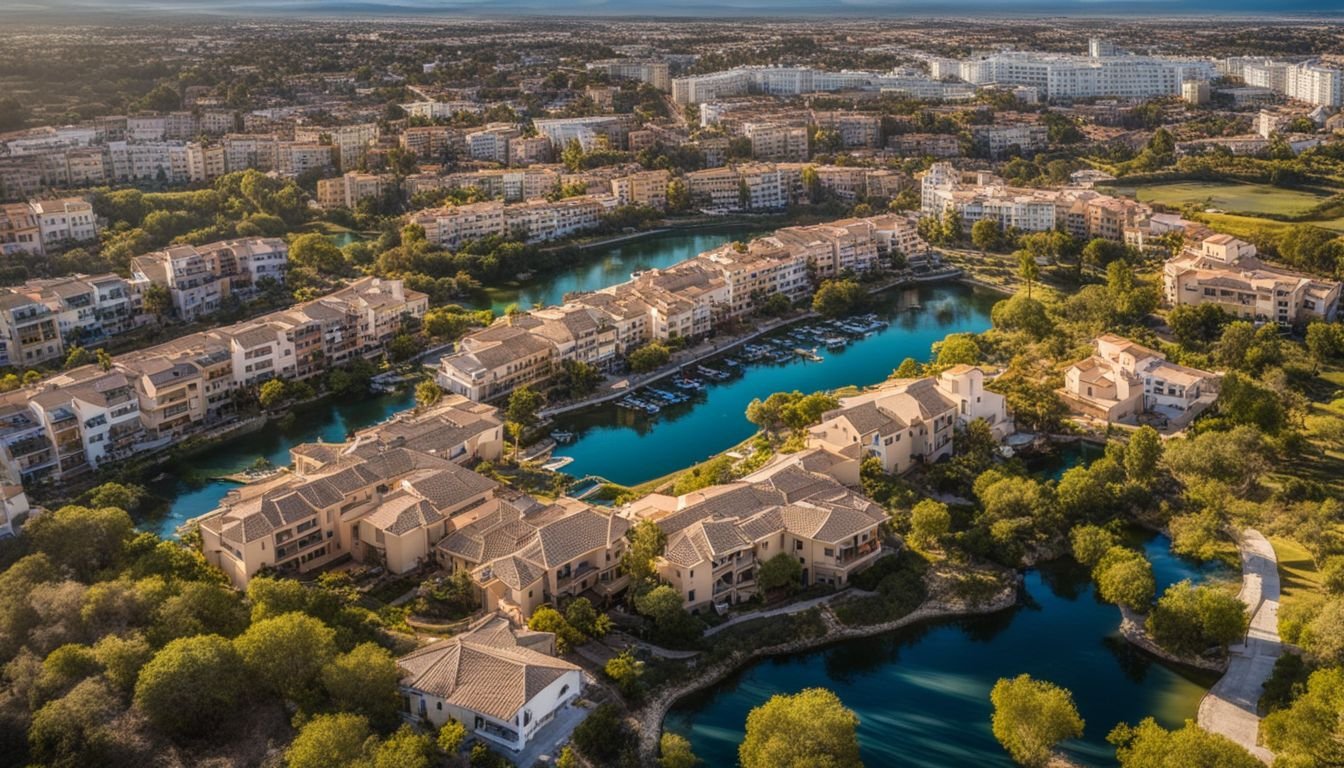 An aerial view of diverse homes and cityscape in Campoamor.