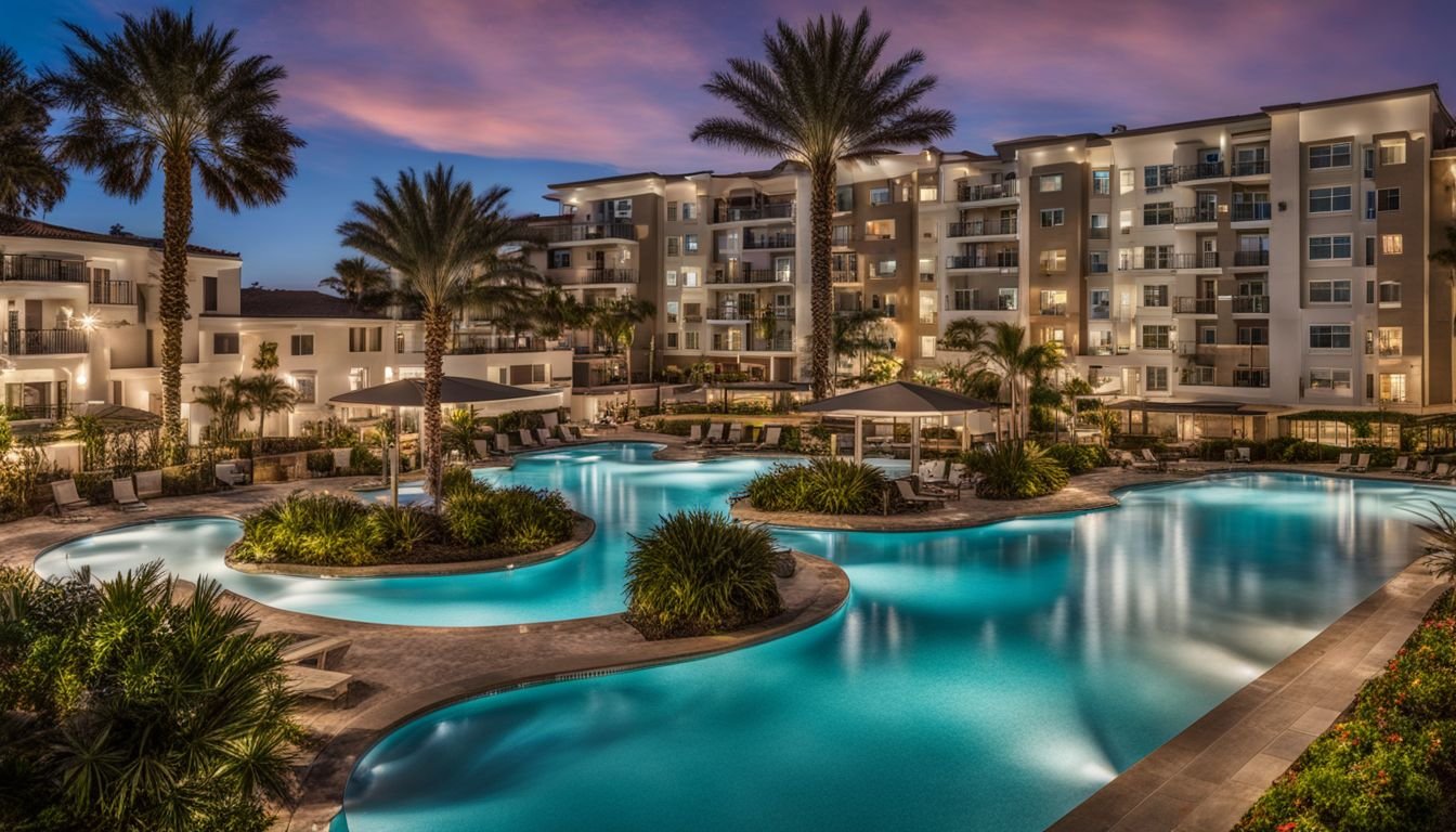 Various apartments with poolside views and cityscape photography.