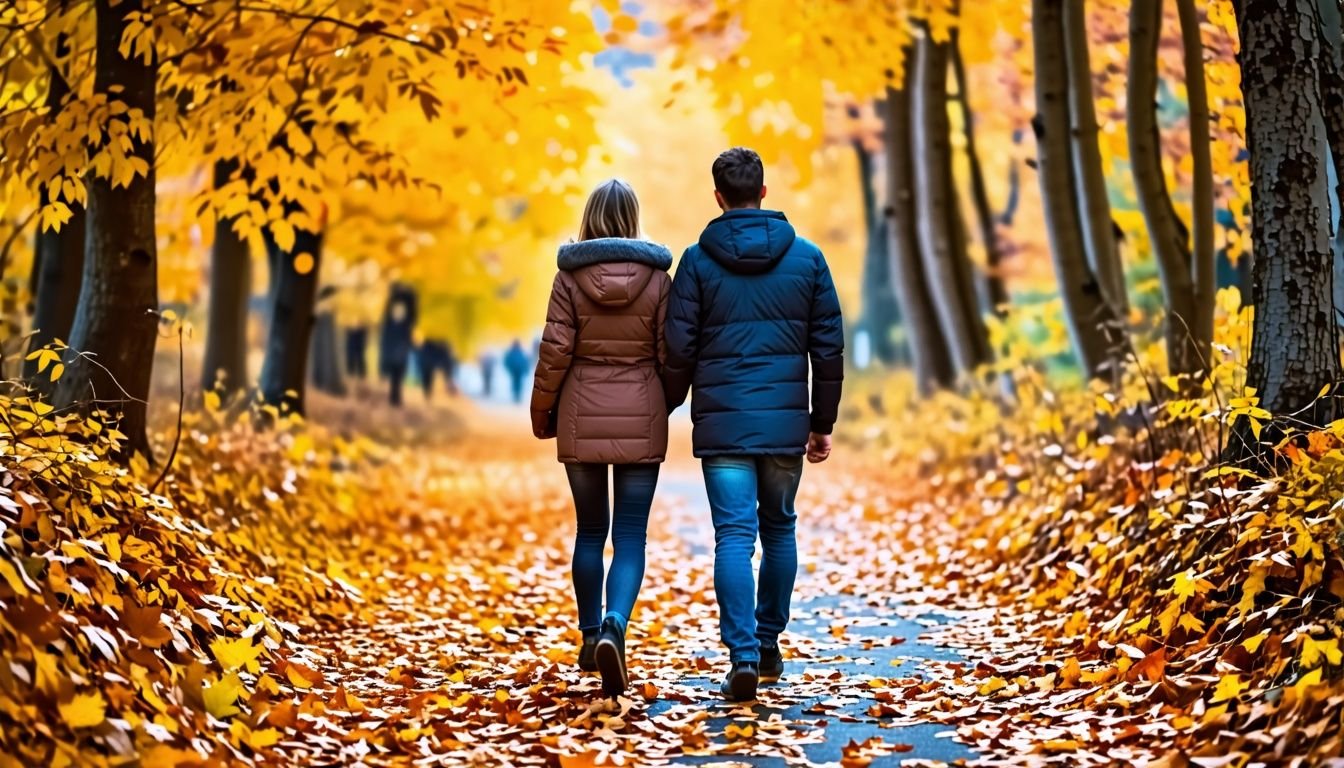 A couple walking in vibrant autumn forest in Villamartin.