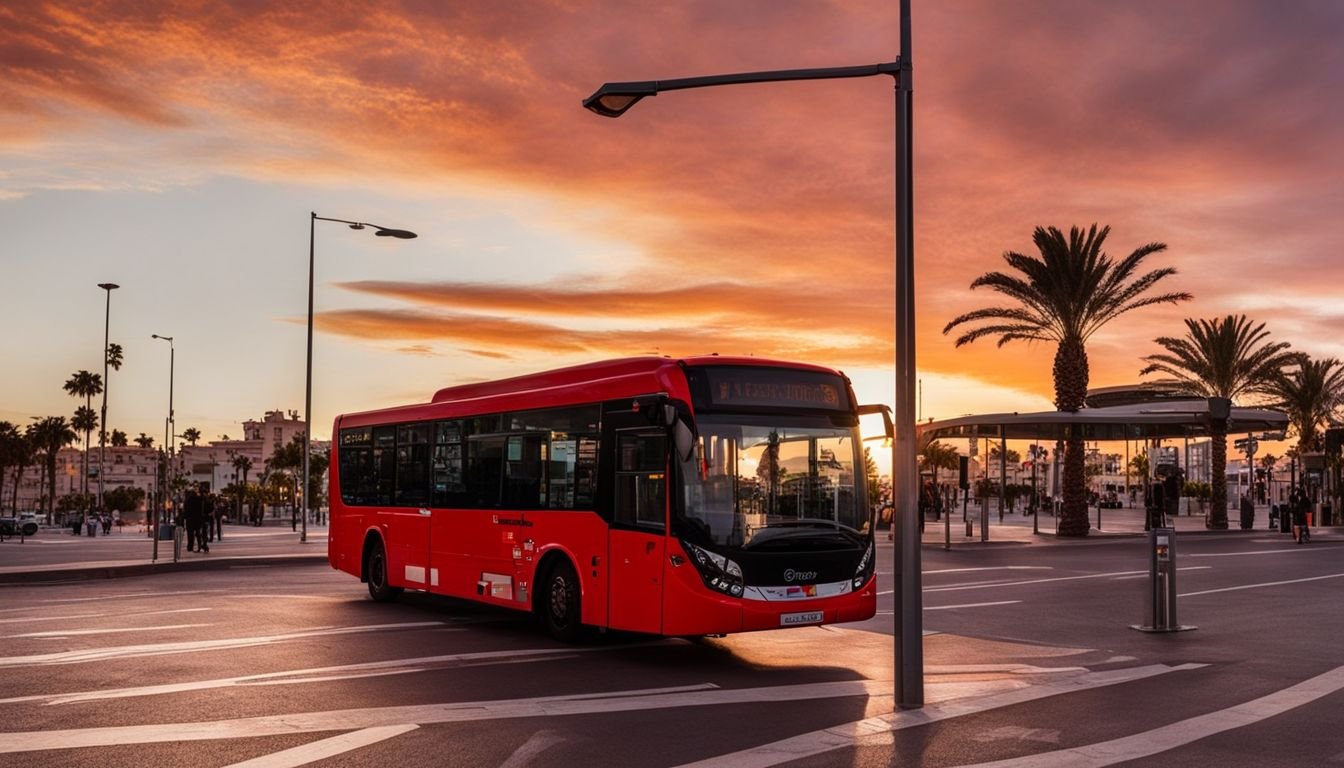 A clean, well-maintained red bus waits at a bustling Spanish bus stop.