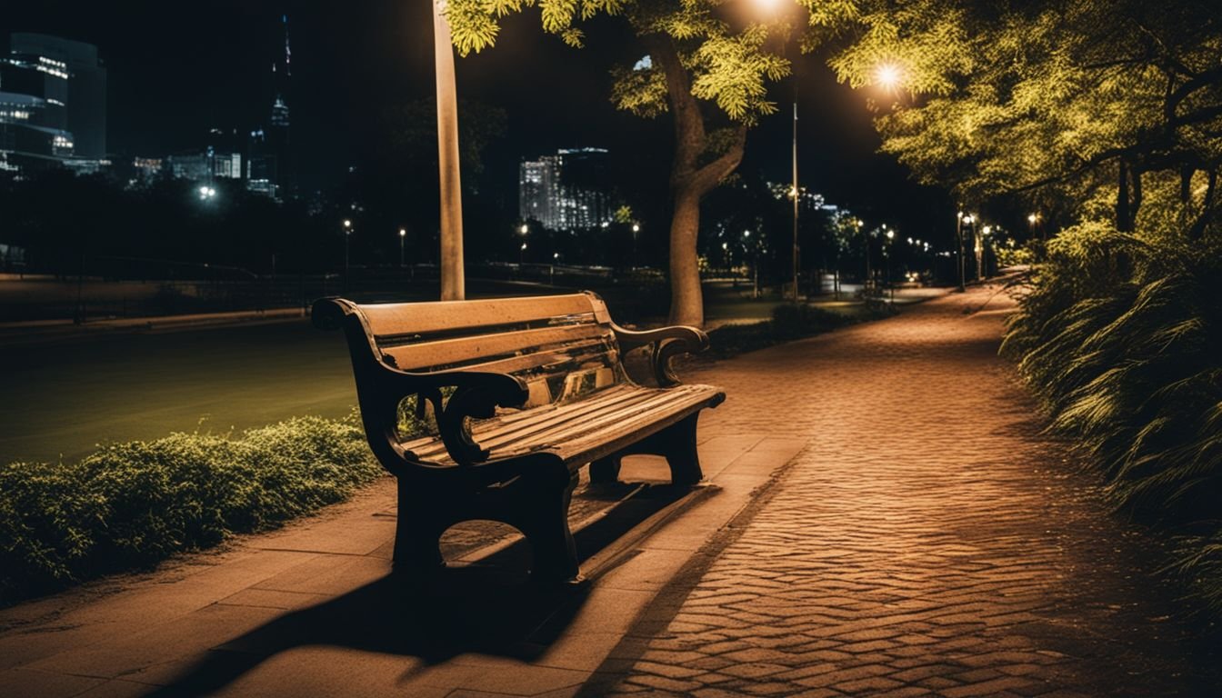 An empty park bench in an unfamiliar environment symbolizing expat isolation.