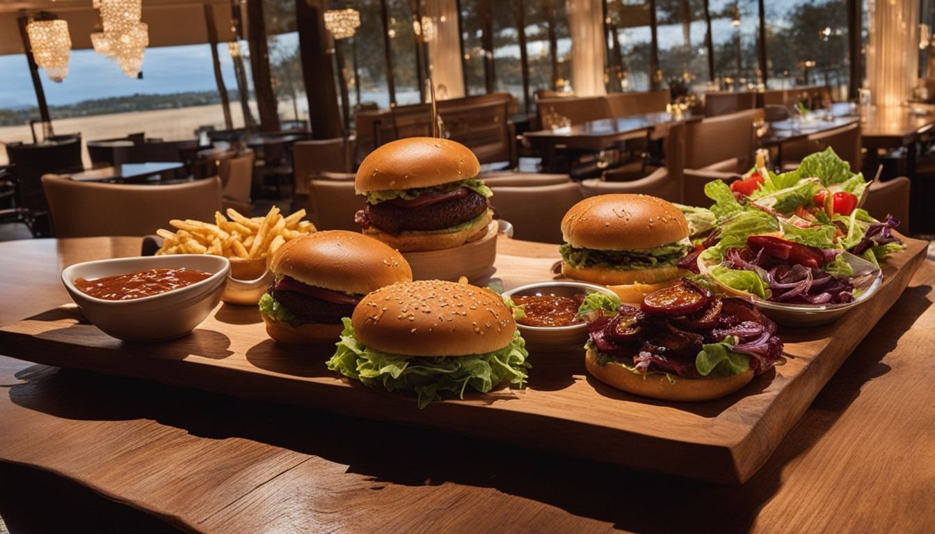 A delicious spread of burgers, fries, salads, and desserts at Las Colinas Golf Clubhouse.