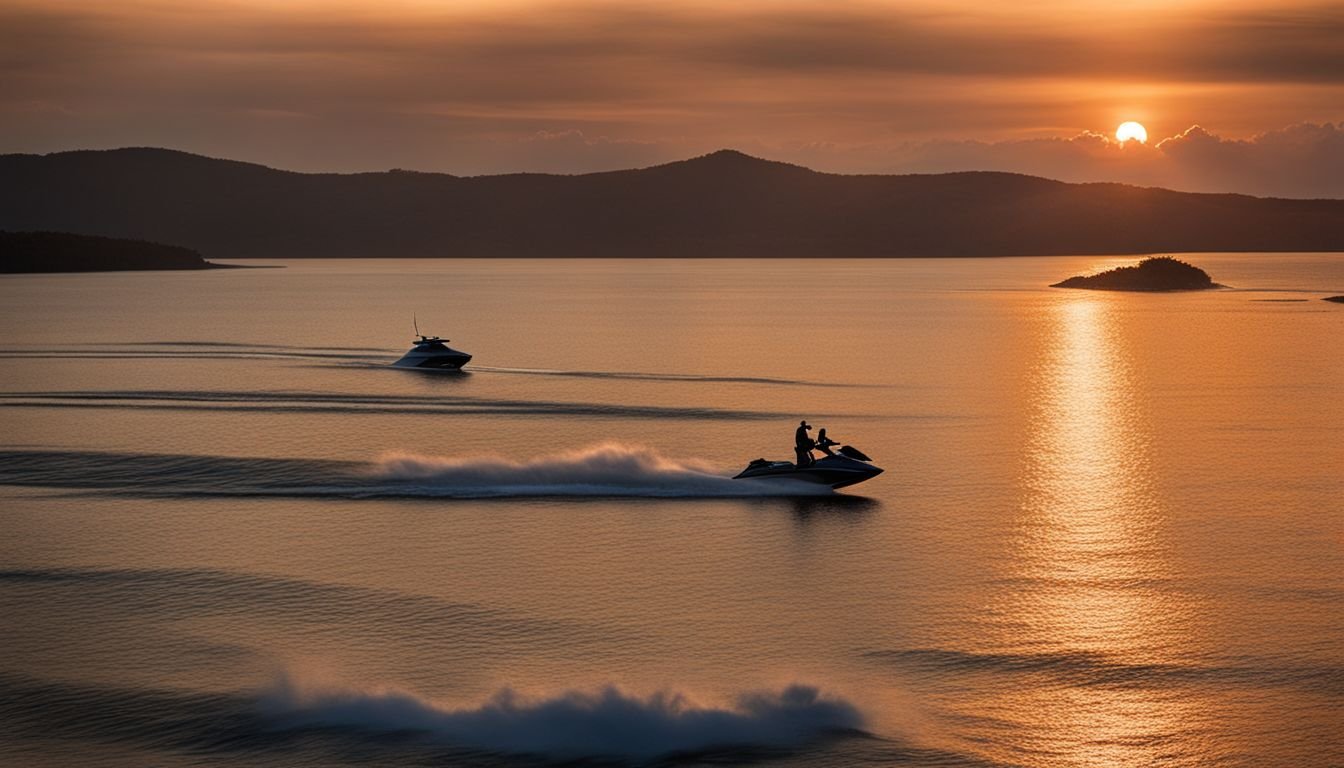 A catamaran peacefully sails near the coastline as a jet ski zips by.