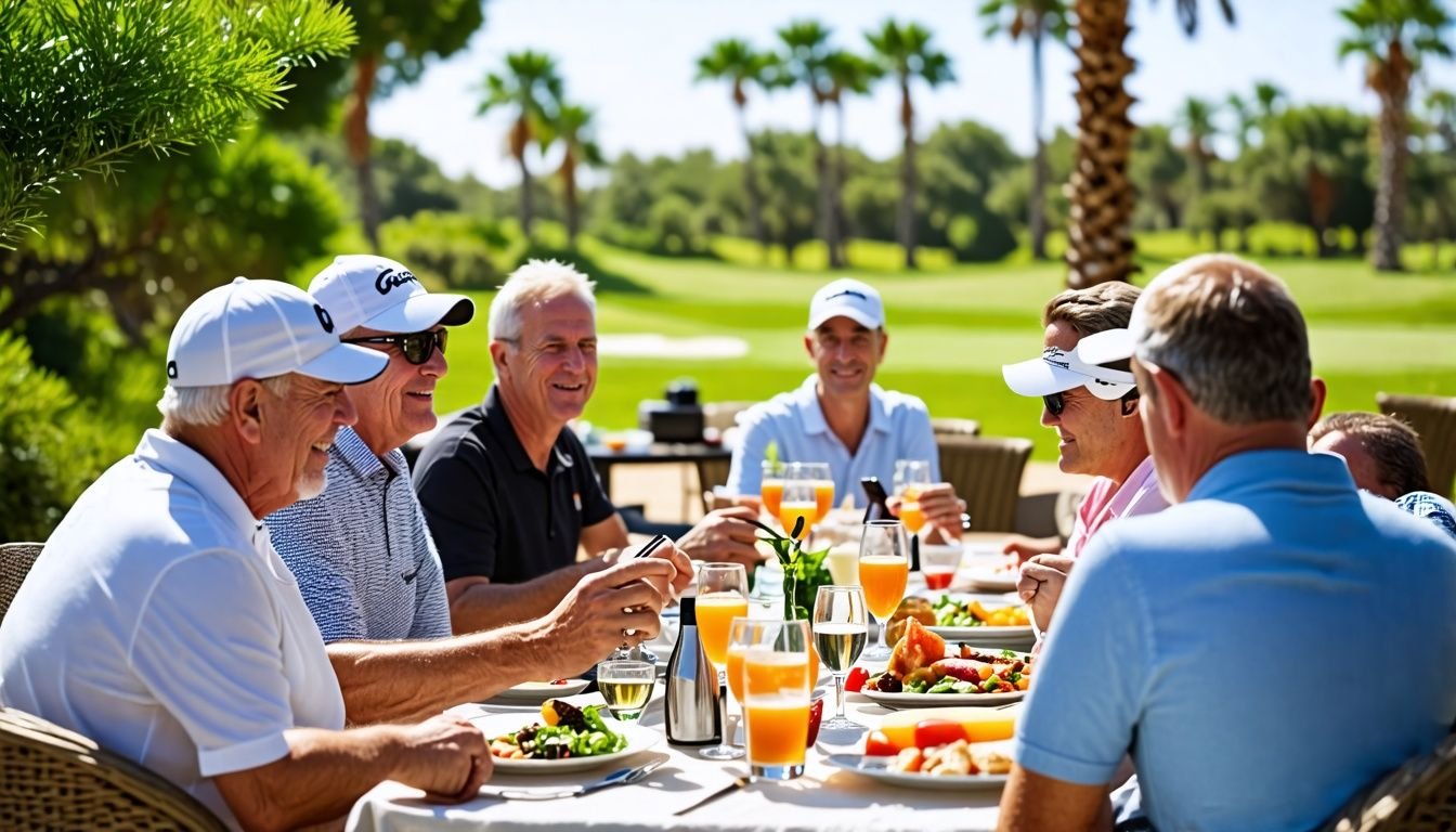 Middle-aged golfers at Villamartin Golf Course clubhouse, enjoying meal and drinks.