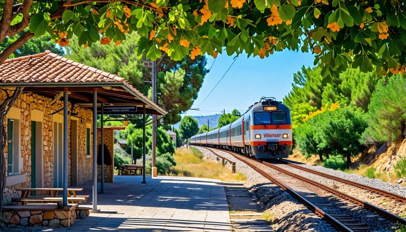 A rustic train station in Spanish countryside with departing train.