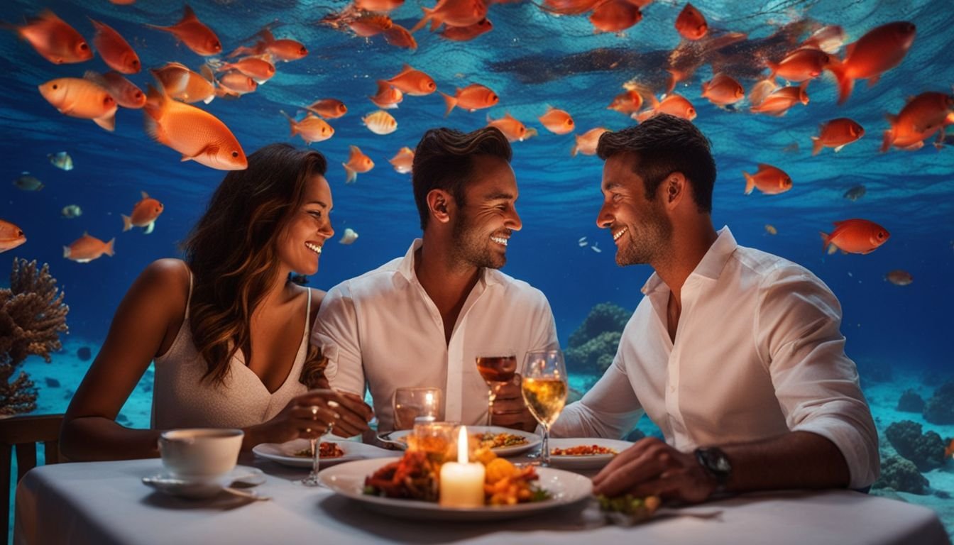 A couple enjoying a romantic dinner in an underwater restaurant.