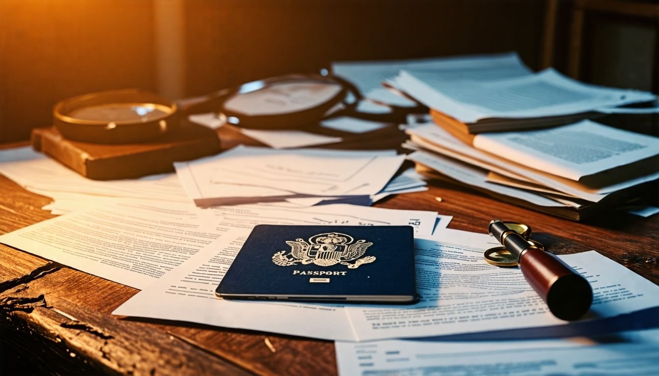 The cluttered wooden desk with legal documents and passport.