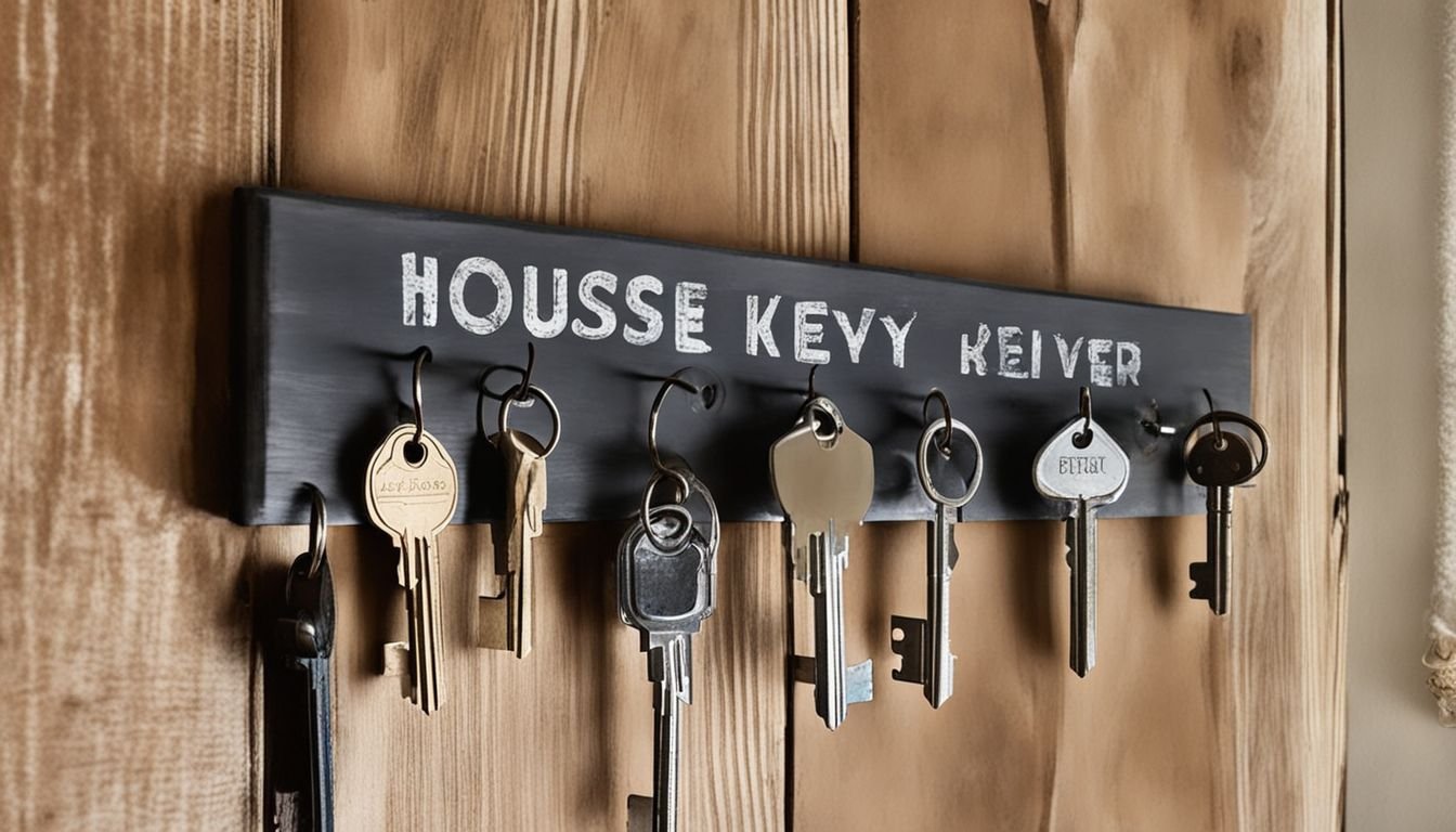 House keys on rustic key holder in coastal rental property.